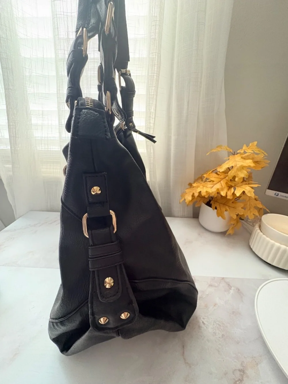 Miss Gustto Black Faux Leather Hobo Bag with Gold Chain & Braided Details